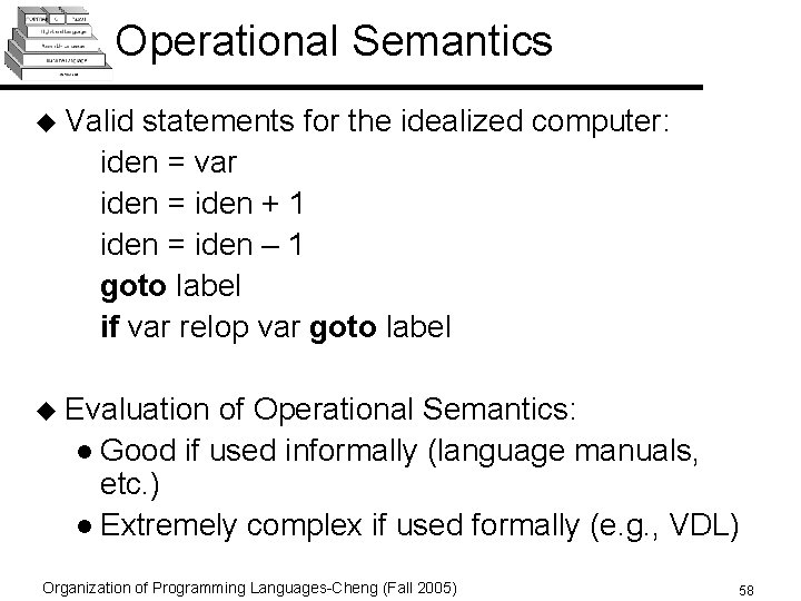 Operational Semantics u Valid statements for the idealized computer: iden = var iden =
