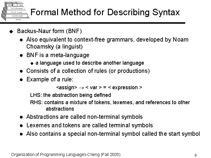 Formal Method for Describing Syntax u Backus-Naur form (BNF) l Also equivalent to context-free