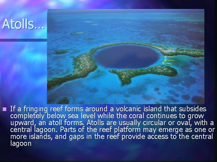 Atolls… n If a fringing reef forms around a volcanic island that subsides completely