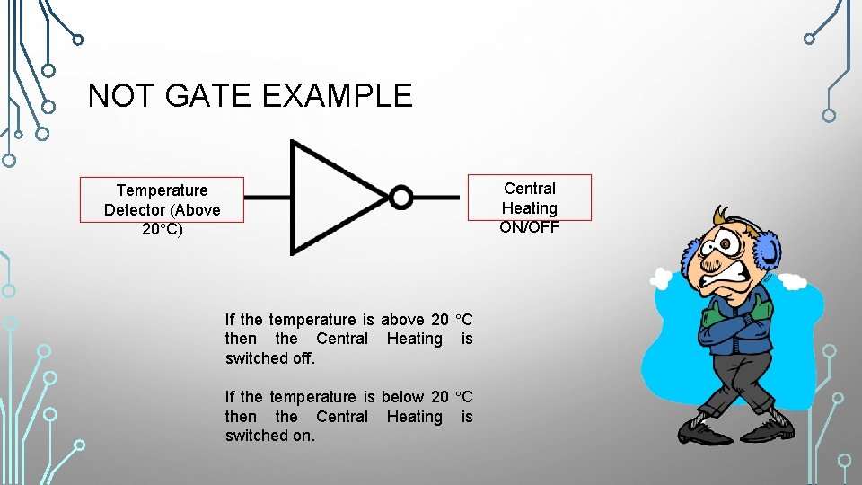 NOT GATE EXAMPLE Central Heating ON/OFF Temperature Detector (Above 20 C) If the temperature