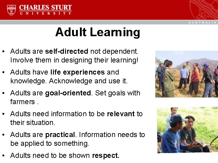 Adult Learning • Adults are self-directed not dependent. Involve them in designing their learning!