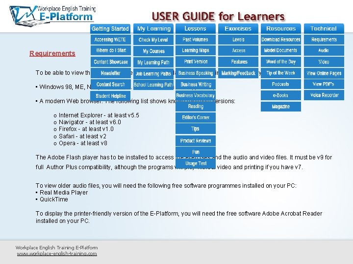 Requirements To be able to view the interactive exercises in Workplace English Training E-Platform