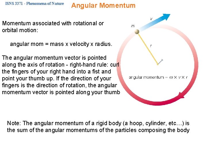 ISNS 3371 - Phenomena of Nature Angular Momentum associated with rotational or orbital motion: