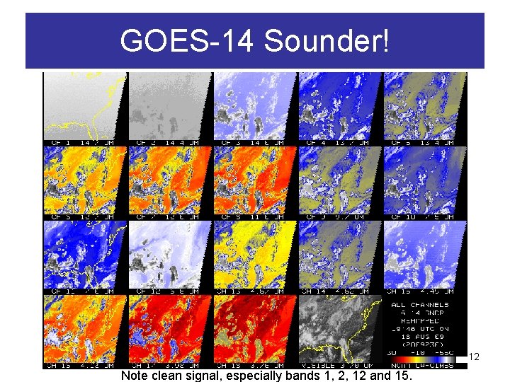 GOES-14 Sounder! 12 Note clean signal, especially bands 1, 2, 12 and 15. 