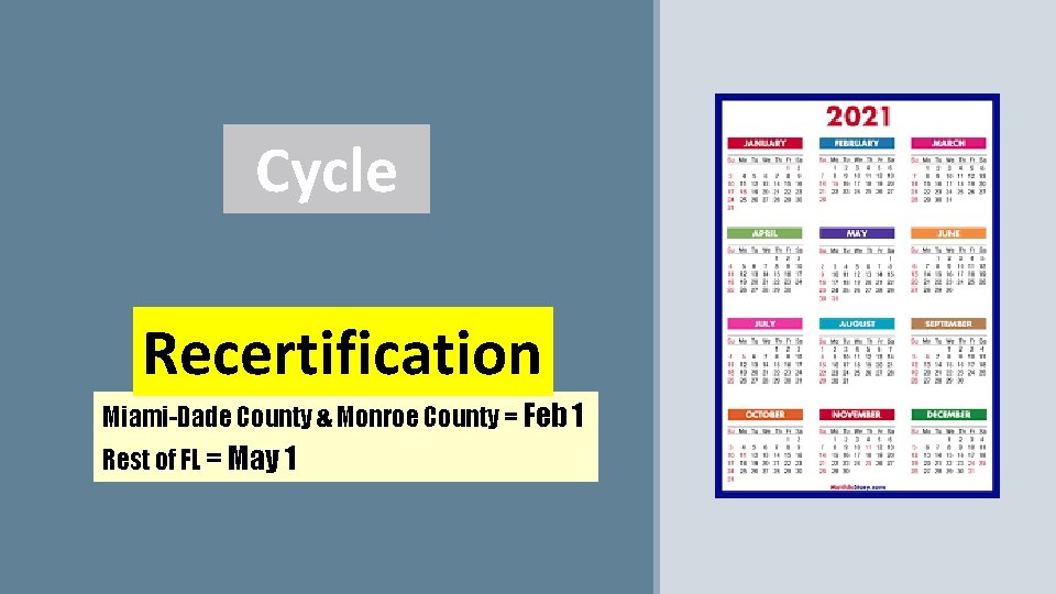 Cycle Recertification Miami-Dade County & Monroe County = Feb 1 Rest of FL =