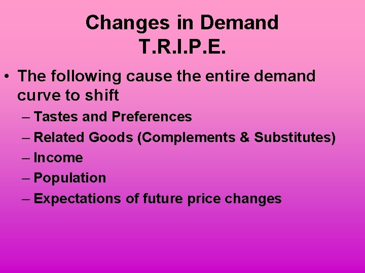 Changes in Demand T. R. I. P. E. • The following cause the entire