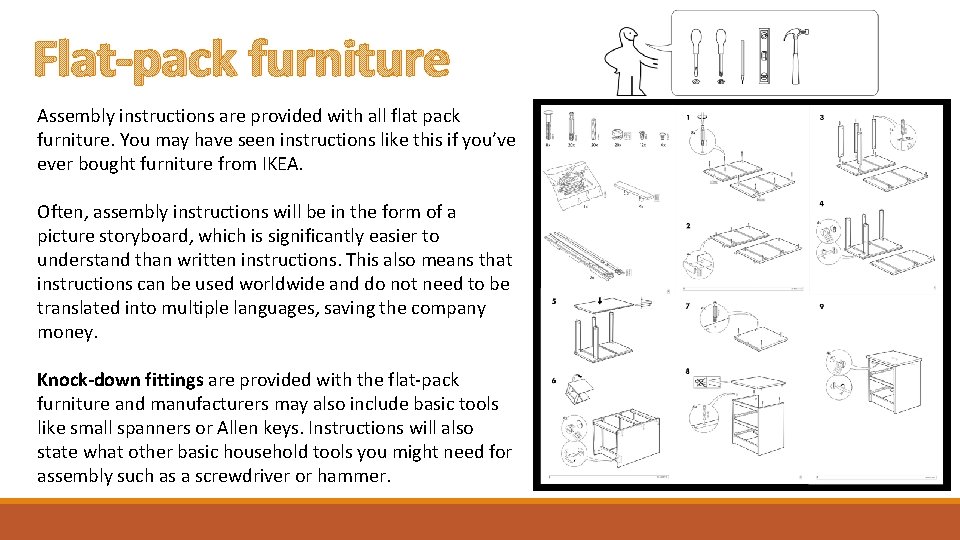 Flat-pack furniture Assembly instructions are provided with all flat pack furniture. You may have