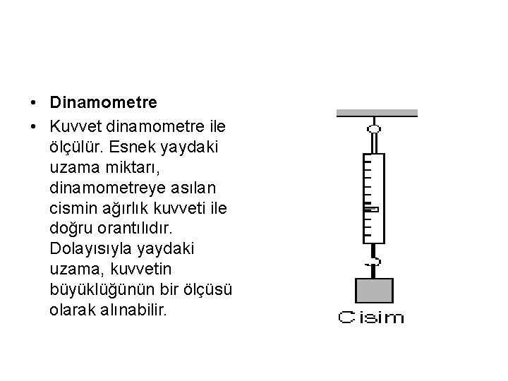  • Dinamometre • Kuvvet dinamometre ile ölçülür. Esnek yaydaki uzama miktarı, dinamometreye asılan