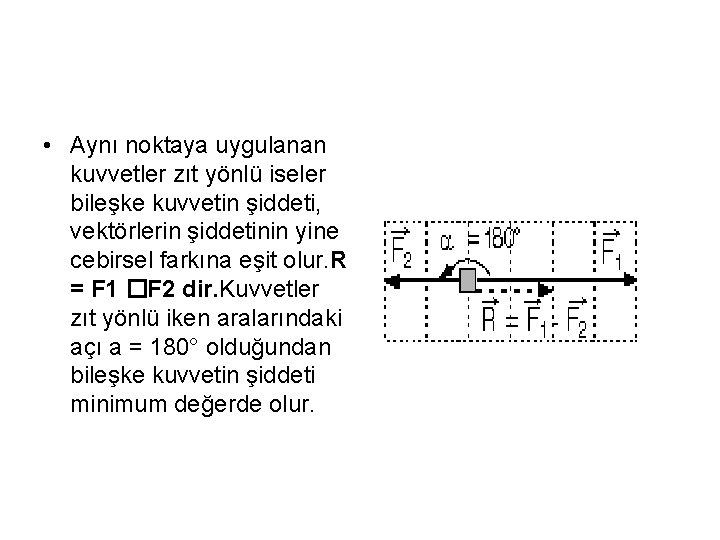  • Aynı noktaya uygulanan kuvvetler zıt yönlü iseler bileşke kuvvetin şiddeti, vektörlerin şiddetinin