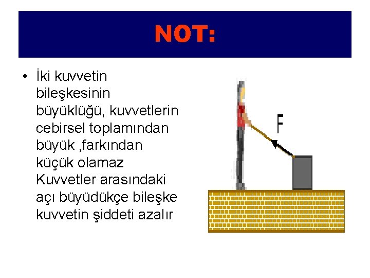 NOT: • İki kuvvetin bileşkesinin büyüklüğü, kuvvetlerin cebirsel toplamından büyük , farkından küçük olamaz