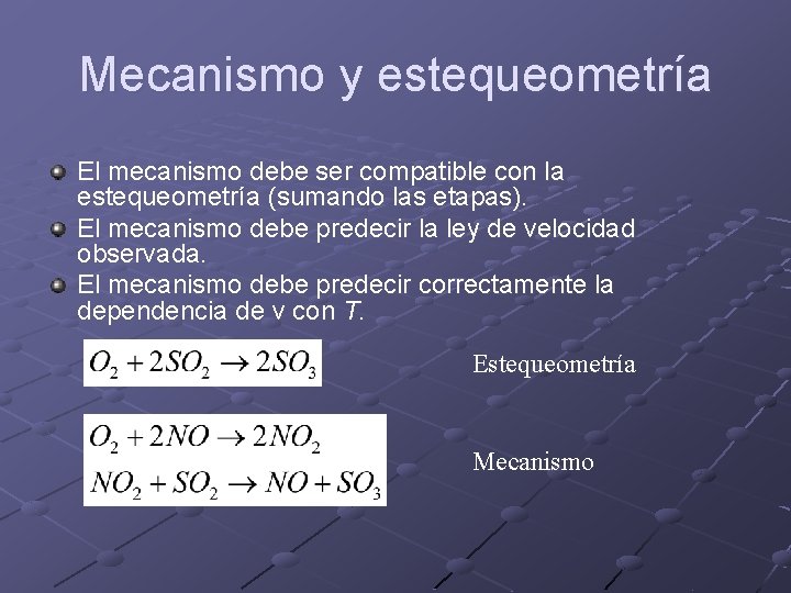 Mecanismo y estequeometría El mecanismo debe ser compatible con la estequeometría (sumando las etapas).