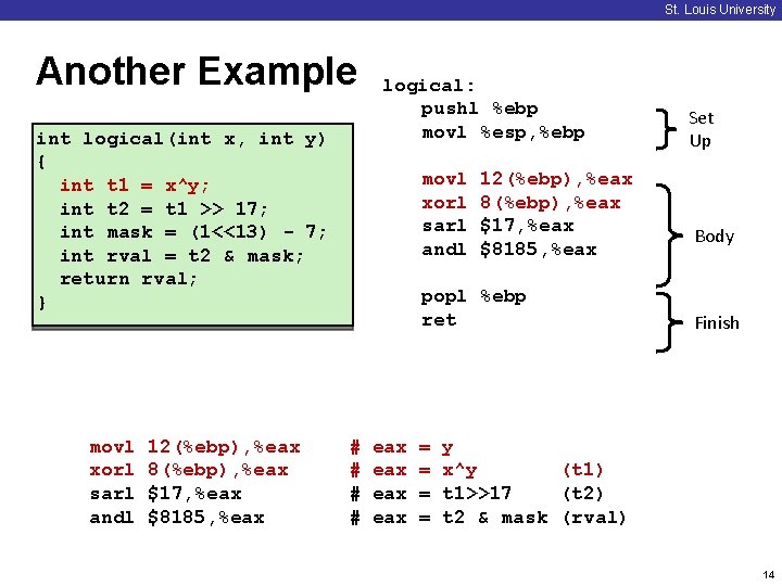 St. Louis University Another Example int logical(int x, int y) { int t 1