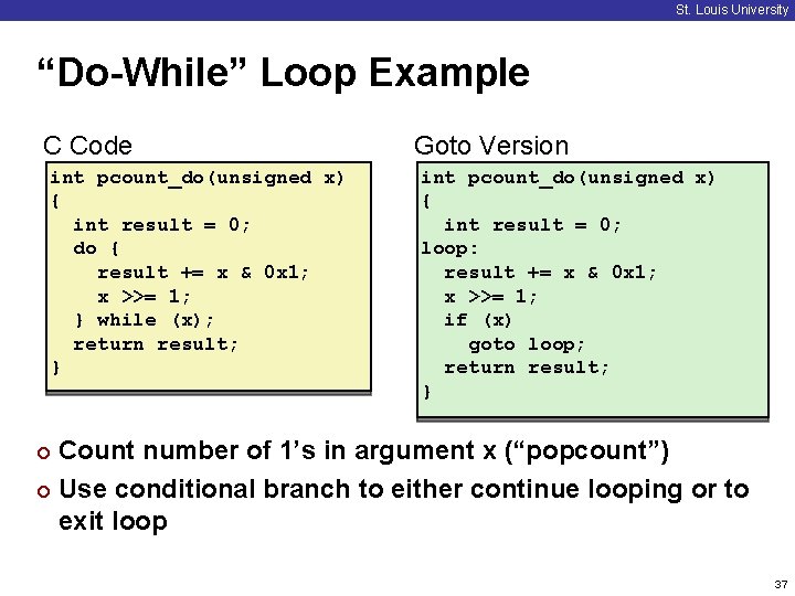 St. Louis University “Do-While” Loop Example C Code int pcount_do(unsigned x) { int result