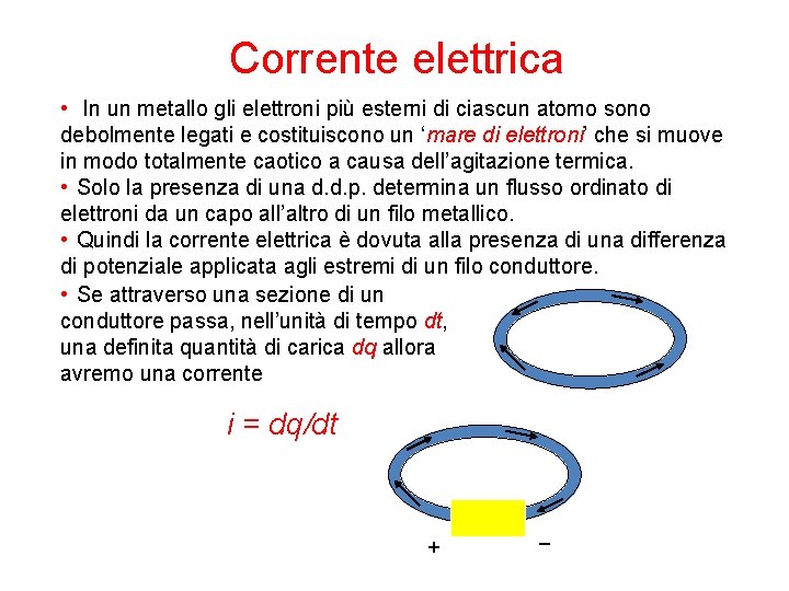 Corrente elettrica • In un metallo gli elettroni più esterni di ciascun atomo sono