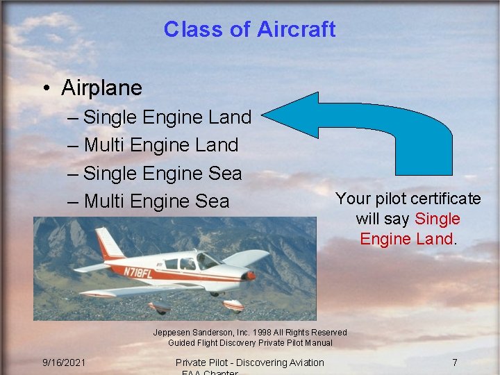 Class of Aircraft • Airplane – Single Engine Land – Multi Engine Land –