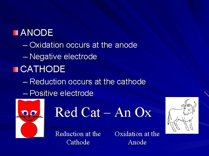 ANODE – Oxidation occurs at the anode – Negative electrode CATHODE – Reduction occurs
