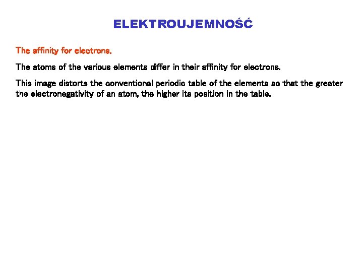 ELEKTROUJEMNOŚĆ The affinity for electrons. The atoms of the various elements differ in their