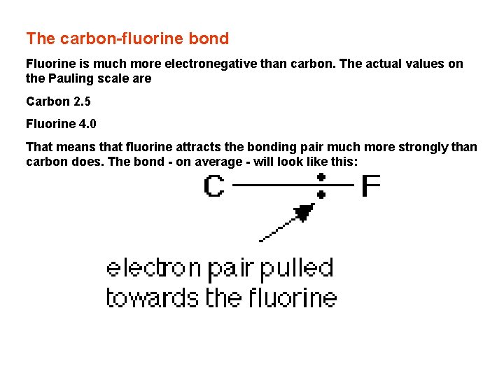 The carbon-fluorine bond Fluorine is much more electronegative than carbon. The actual values on