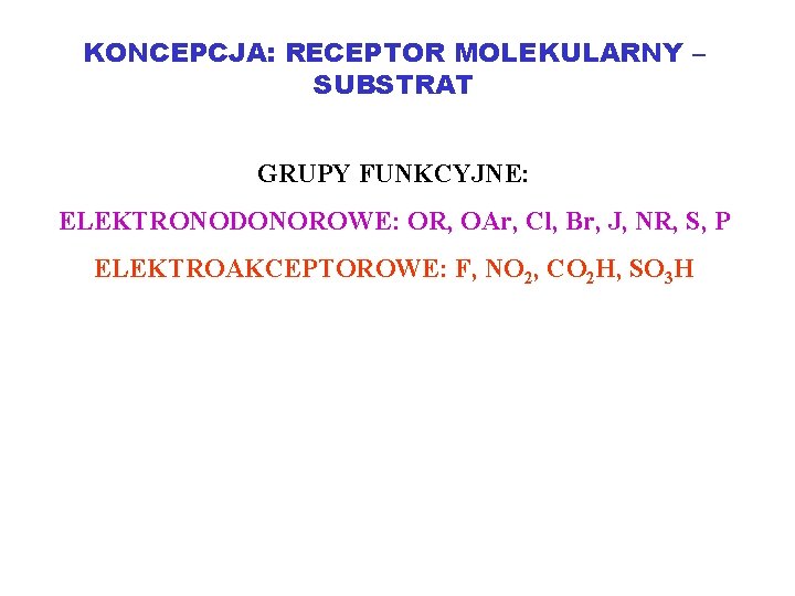 KONCEPCJA: RECEPTOR MOLEKULARNY – SUBSTRAT GRUPY FUNKCYJNE: ELEKTRONODONOROWE: OR, OAr, Cl, Br, J, NR,