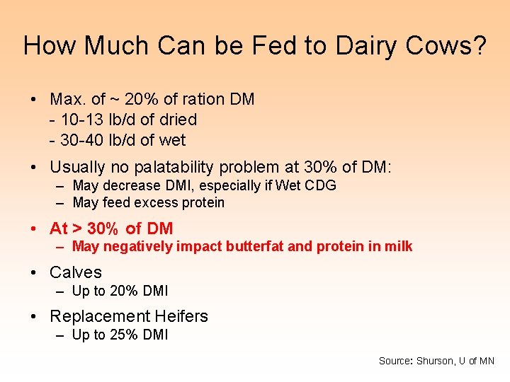 How Much Can be Fed to Dairy Cows? • Max. of ~ 20% of