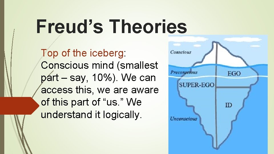 Freud’s Theories Top of the iceberg: Conscious mind (smallest part – say, 10%). We