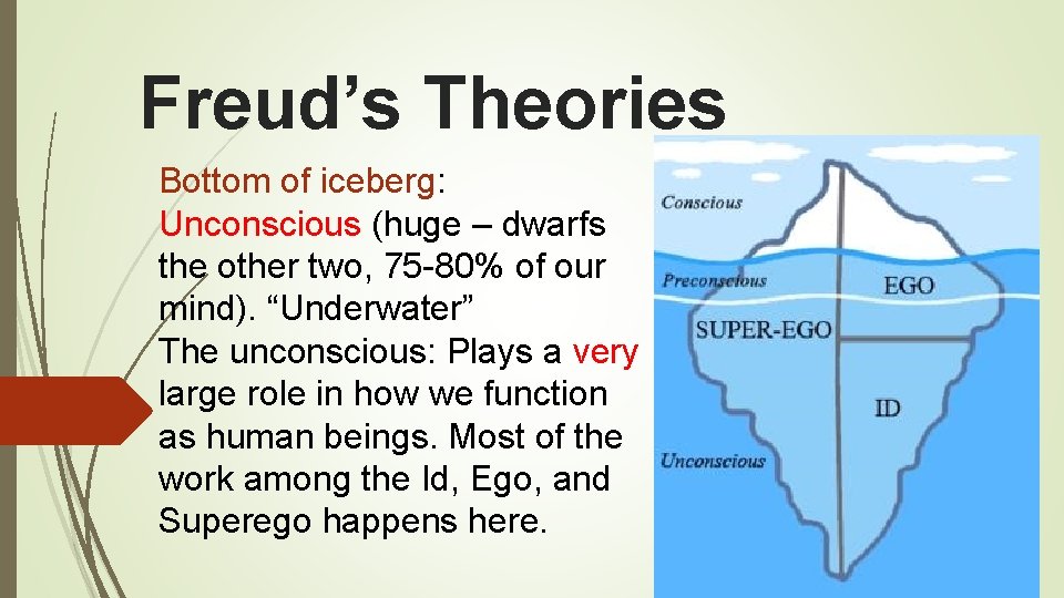 Freud’s Theories Bottom of iceberg: Unconscious (huge – dwarfs the other two, 75 -80%