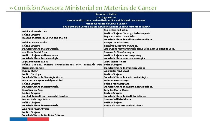 ›› Comisión Asesora Ministerial en Materias de Cáncer Bruno Nervi Nattero Oncólogo Médico. Director