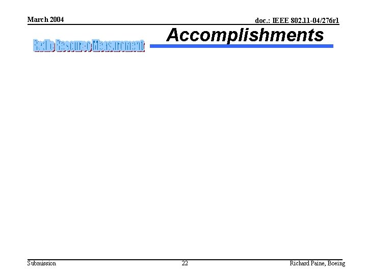 March 2004 doc. : IEEE 802. 11 -04/276 r 1 Accomplishments Submission 22 Richard