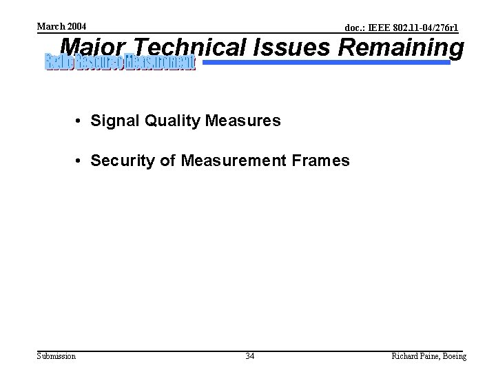 March 2004 doc. : IEEE 802. 11 -04/276 r 1 Major Technical Issues Remaining