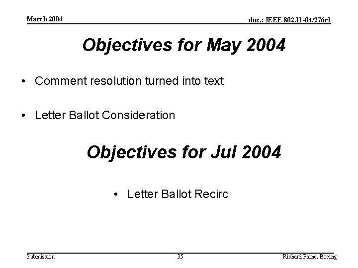 March 2004 doc. : IEEE 802. 11 -04/276 r 1 Objectives for May 2004