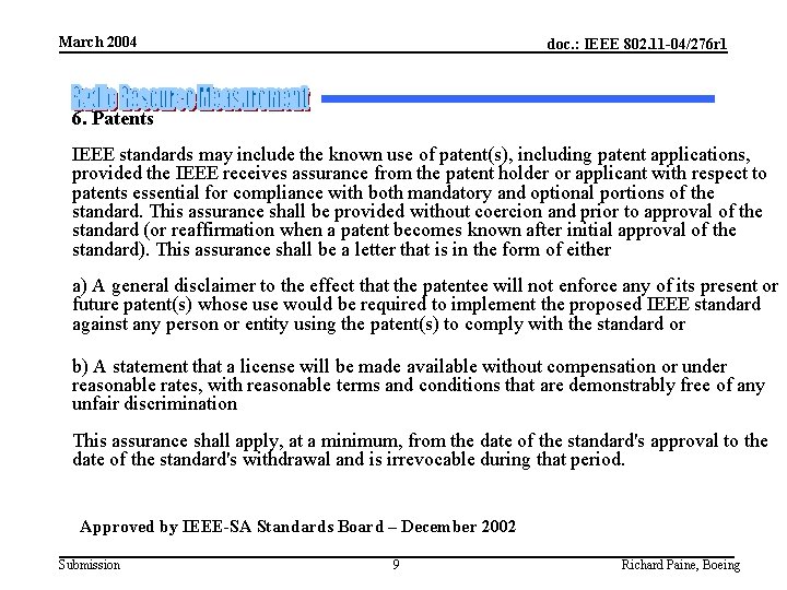 March 2004 doc. : IEEE 802. 11 -04/276 r 1 6. Patents IEEE standards