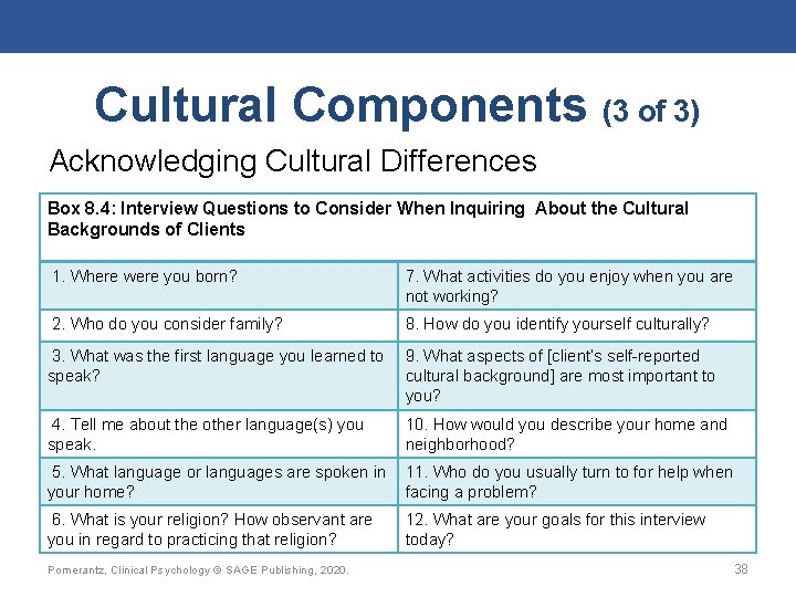 Cultural Components (3 of 3) Acknowledging Cultural Differences Box 8. 4: Interview Questions to