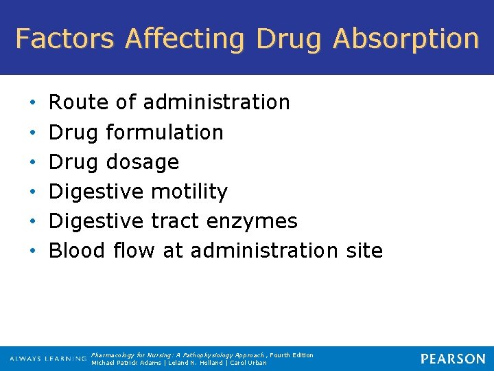 Factors Affecting Drug Absorption • • • Route of administration Drug formulation Drug dosage