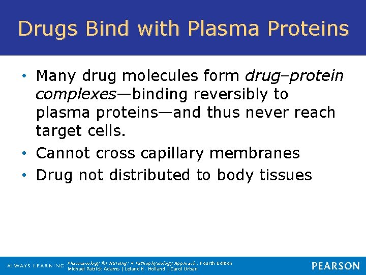 Drugs Bind with Plasma Proteins • Many drug molecules form drug–protein complexes—binding reversibly to