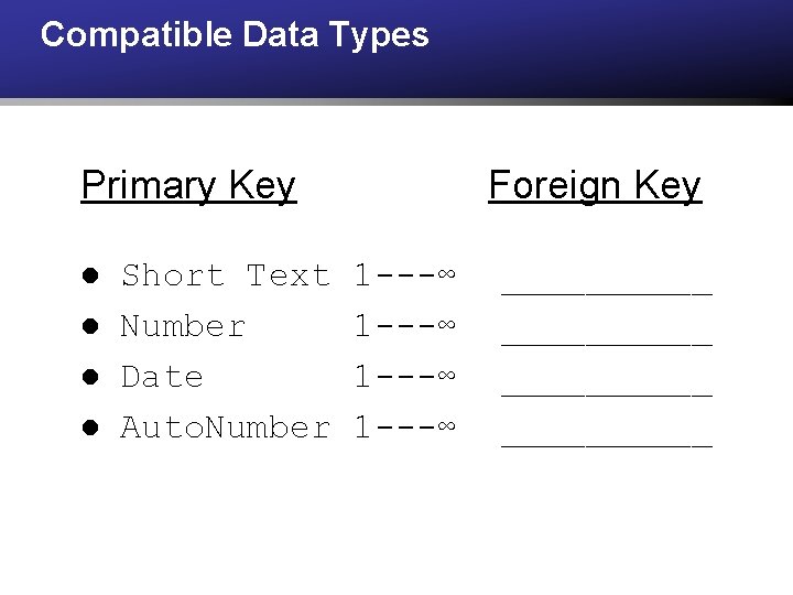 Compatible Data Types Primary Key l l Short Text Number Date Auto. Number Foreign