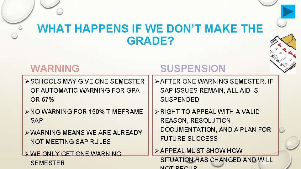 WHAT HAPPENS IF WE DON’T MAKE THE GRADE? WARNING SUSPENSION Ø SCHOOLS MAY GIVE