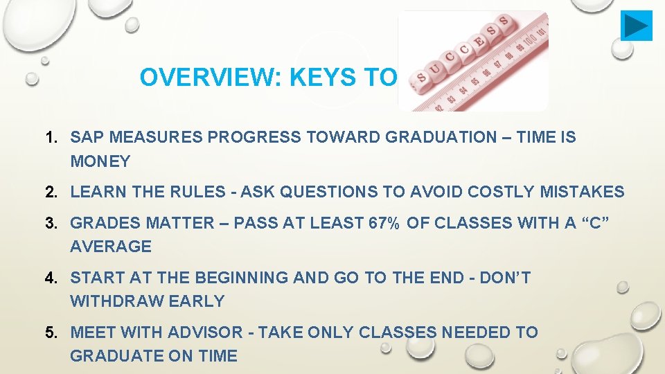 OVERVIEW: KEYS TO SUCCESS 1. SAP MEASURES PROGRESS TOWARD GRADUATION – TIME IS MONEY