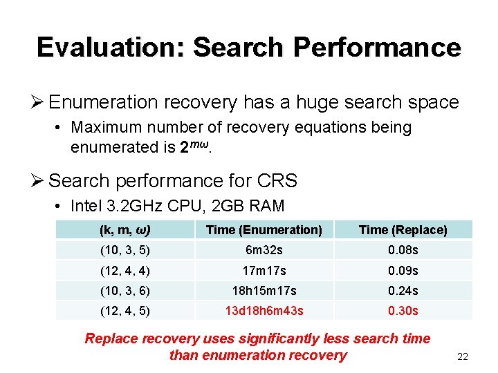 Evaluation: Search Performance Ø Enumeration recovery has a huge search space • Maximum number