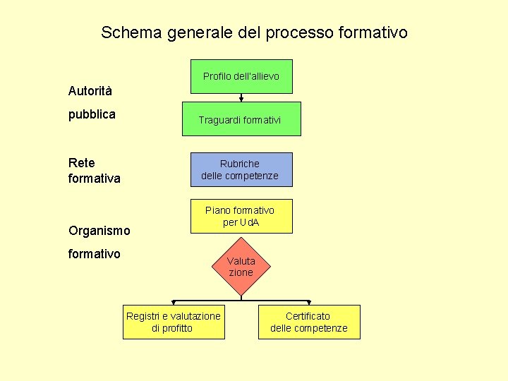 Schema generale del processo formativo Profilo dell’allievo Autorità pubblica Traguardi formativi Rete formativa Rubriche
