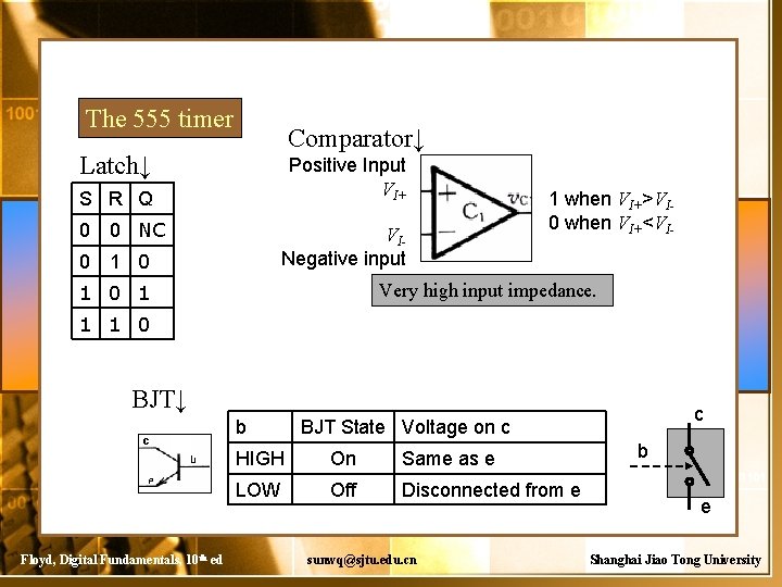 The 555 timer Comparator↓ Latch↓ Positive Input VI+ S R Q 0 0 NC