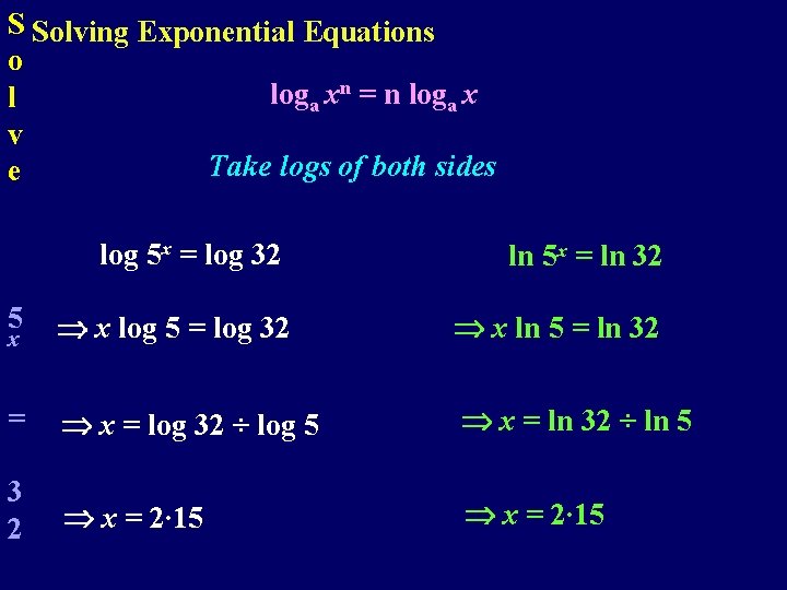 S Solving Exponential Equations o loga xn = n loga x l v Take