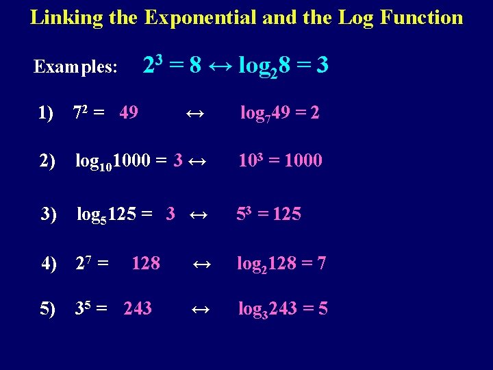 Linking the Exponential and the Log Function 23 = 8 ↔ log 28 =