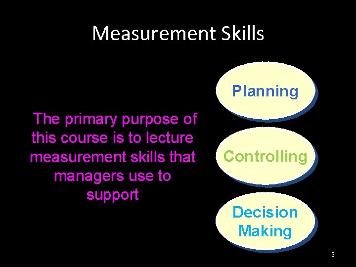 Measurement Skills Planning The primary purpose of this course is to lecture measurement skills