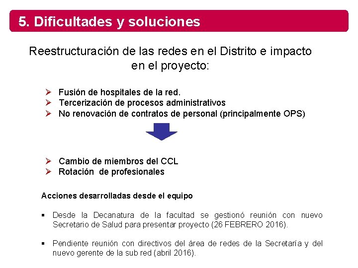 5. Dificultades y soluciones Reestructuración de las redes en el Distrito e impacto en