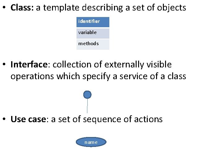  • Class: a template describing a set of objects identifier variable methods •