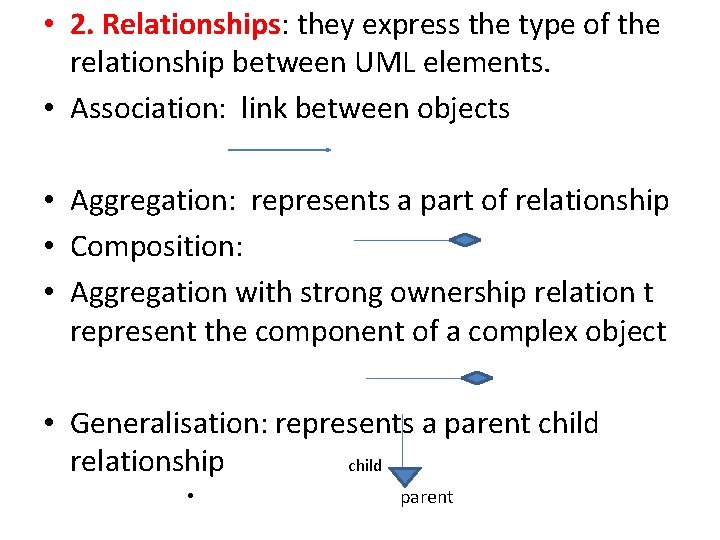  • 2. Relationships: they express the type of the relationship between UML elements.