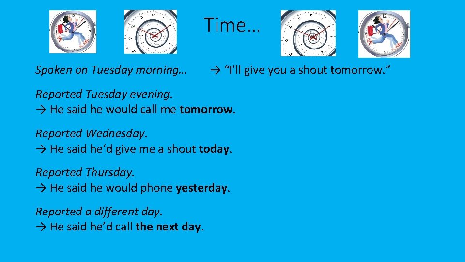 Time… Spoken on Tuesday morning… → “I’ll give you a shout tomorrow. ” Reported