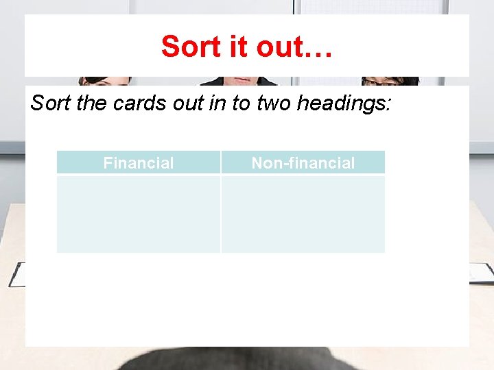 Sort it out… Sort the cards out in to two headings: Financial Non-financial 