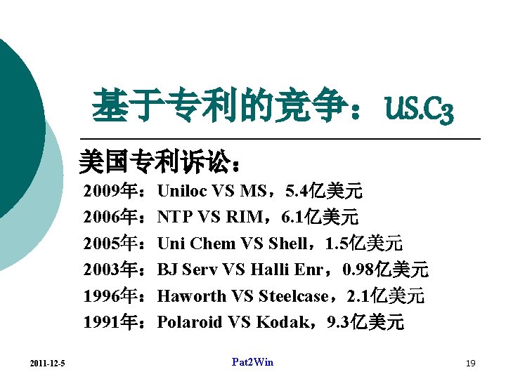 基于专利的竞争：US. C 3 美国专利诉讼： 2009年：Uniloc VS MS，5. 4亿美元 2006年：NTP VS RIM，6. 1亿美元 2005年：Uni Chem