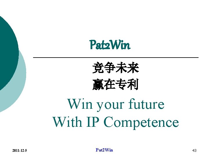 Pat 2 Win 竞争未来 赢在专利 Win your future With IP Competence 2011 -12 -5